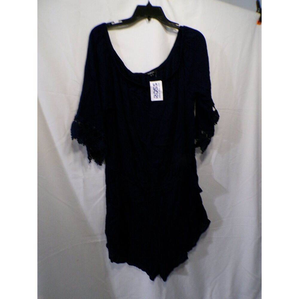 Navy Off-Shoulder Crochet Trim Top